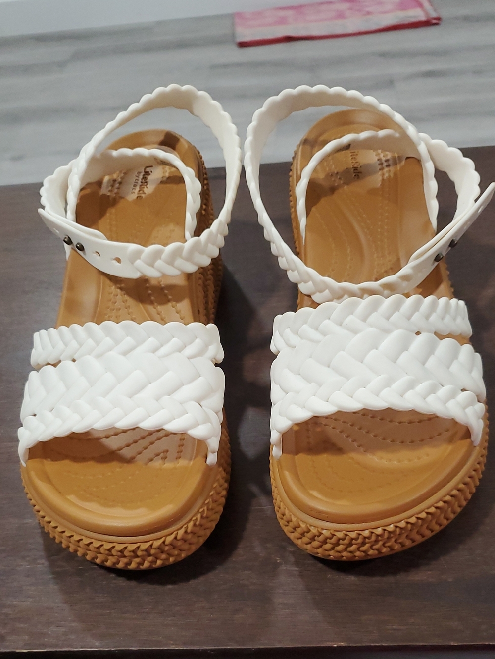 CROCS White Braided Platform Sandals with Tan Footbed